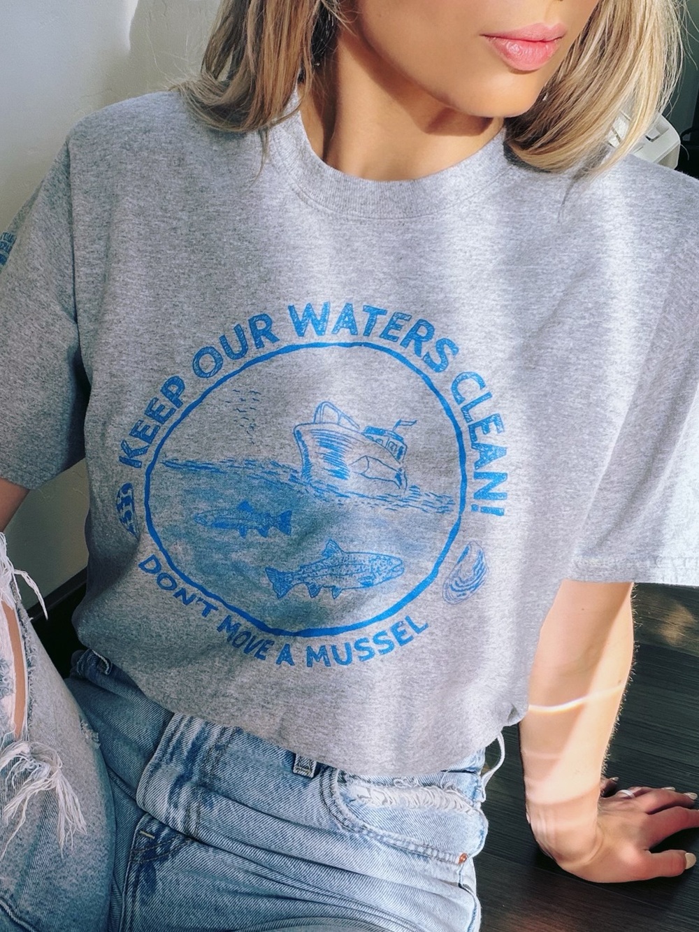 Gray Graphic Tee with Blue Environmental Print